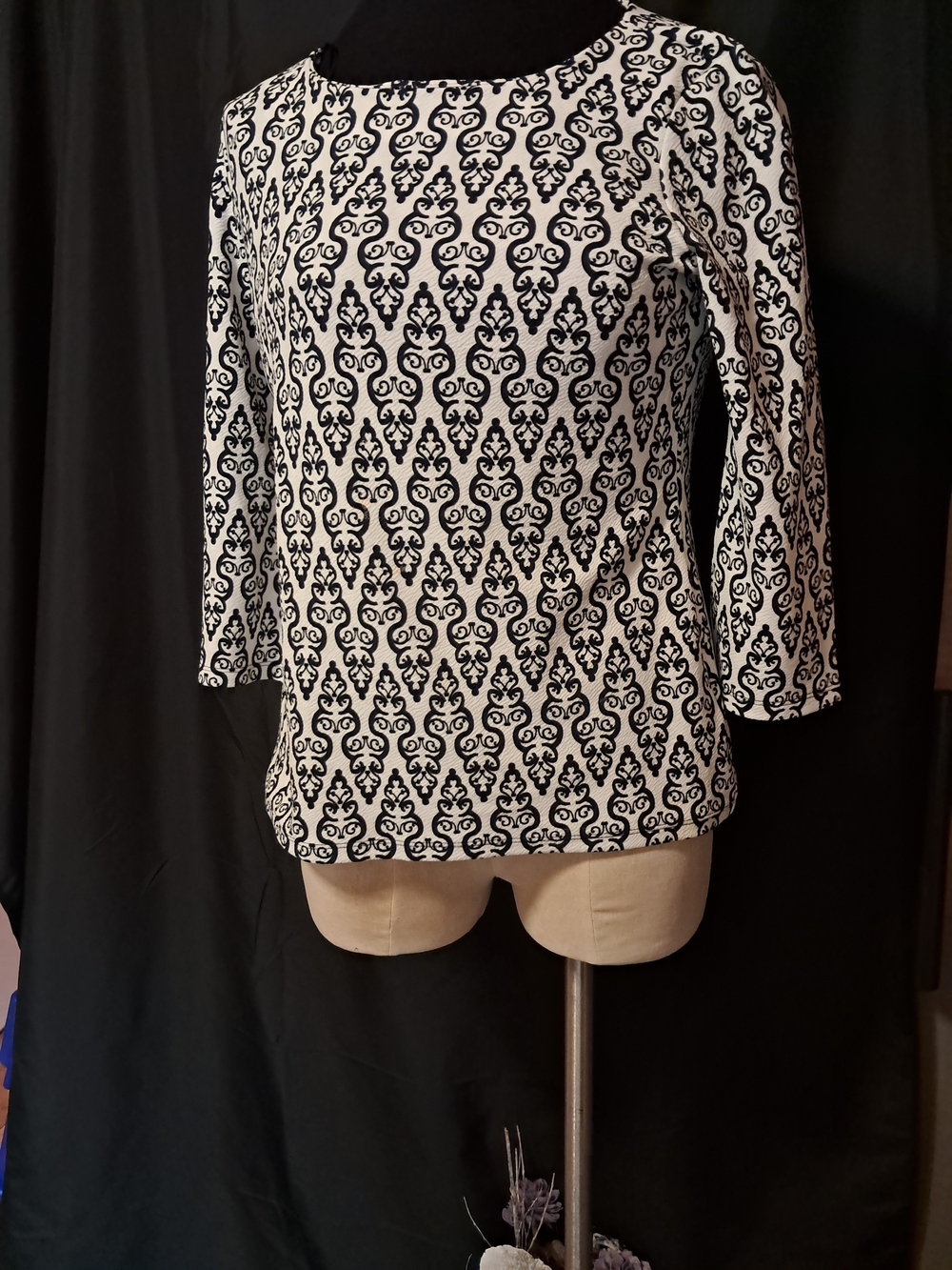 Charter Club Black and White Damask Scoop Neck Top